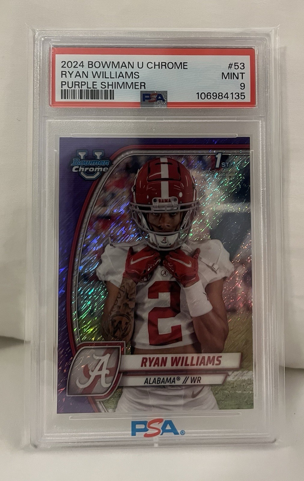 2024 Bowman University Chrome Ryan Williams #53 (RC) Purple Shimmer PSA 9