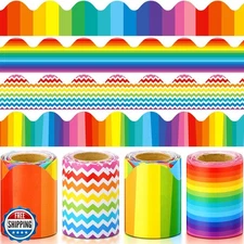 Yexiya 4 Rolls 131 ft Rainbow Bulletin Board Borders for Classroom Colorful S