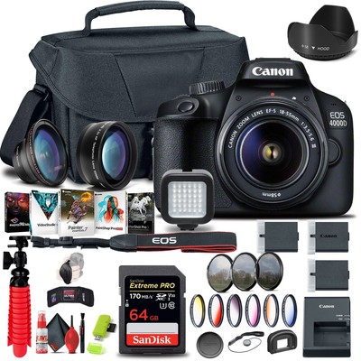Canon EOS 4000D / Rebel T100 DSLR Camera with 18-55mm Lens + 64GB Card + More