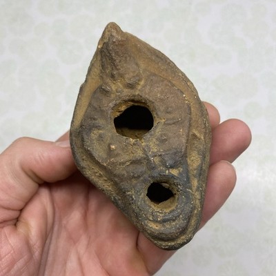 MLC s7399 Ancient Holy Land Oil Lamp Terracotta Pottery Old Holy Land Artifact