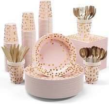 Pink  Gold Party Supplies 350 PCS Disposable Dinnerware Set Pink Paper Plates