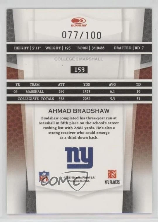 2007 Leaf Certified Materials New Generation Mirror Red Ahmad Bradshaw Rookie RC - Image 2 of 2