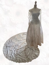Vintage Wedding Gown Womens 8 White Satin Embroidered Beaded Princess Train '98