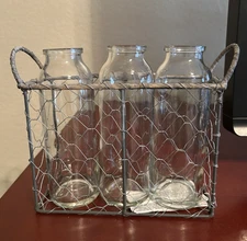 Chicken Wire Carrier with 3 Glass Bottles - Farmhouse Decor - 6 1/2 Inch Bottles