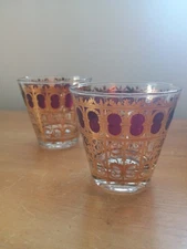 Two CULVER'S Cranberry Medallion 22K Gold Scroll LowBall Whiskey Glasses - A++