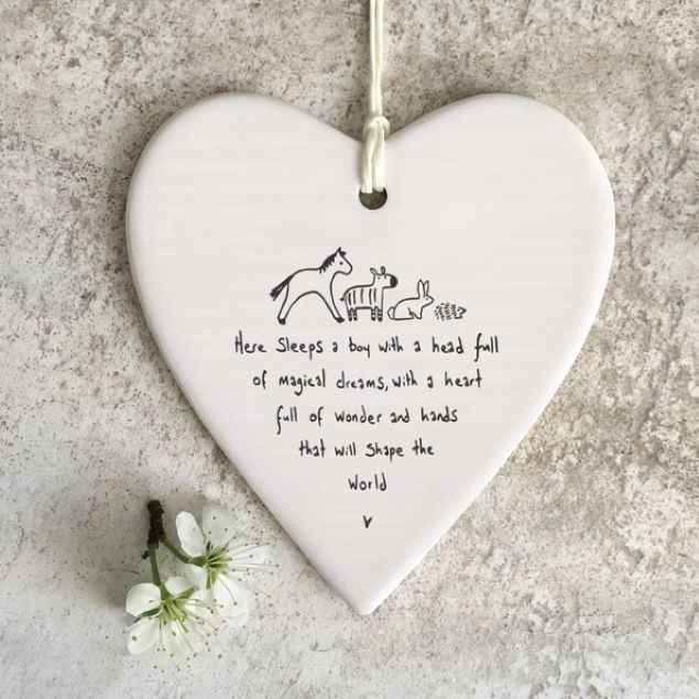 East of India White Ceramic Heart ""Here sleeps a Boy"" Hang Decor sign 10x9cm