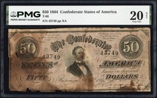 1864 $50 Fifty Dollar Confederate States of America CSA Note T-66 PMG VF 20 Net
