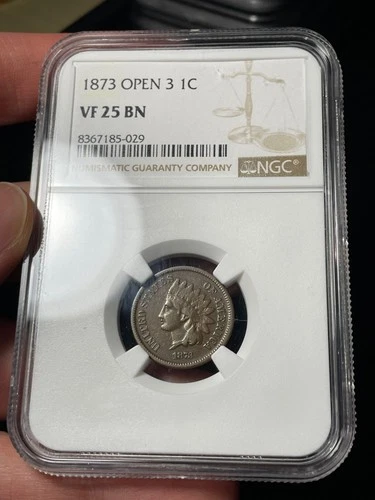 1873 Open 3 NGC VF25 BN Indian Head Cent