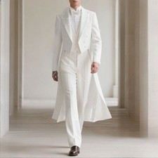 White Men's Long Suit Wedding Groomen Formal tailcoat Tuxedo Bridal Outfits 3Pcs