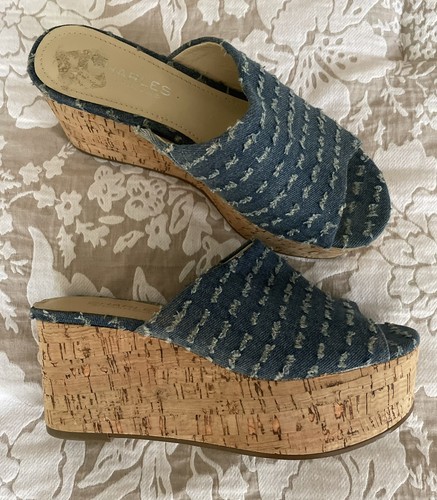 Charles David Women Platform Boho Blue Denim Cork Peep Toe Slip-On Wedge Shoe 6 - Picture 6 of 9