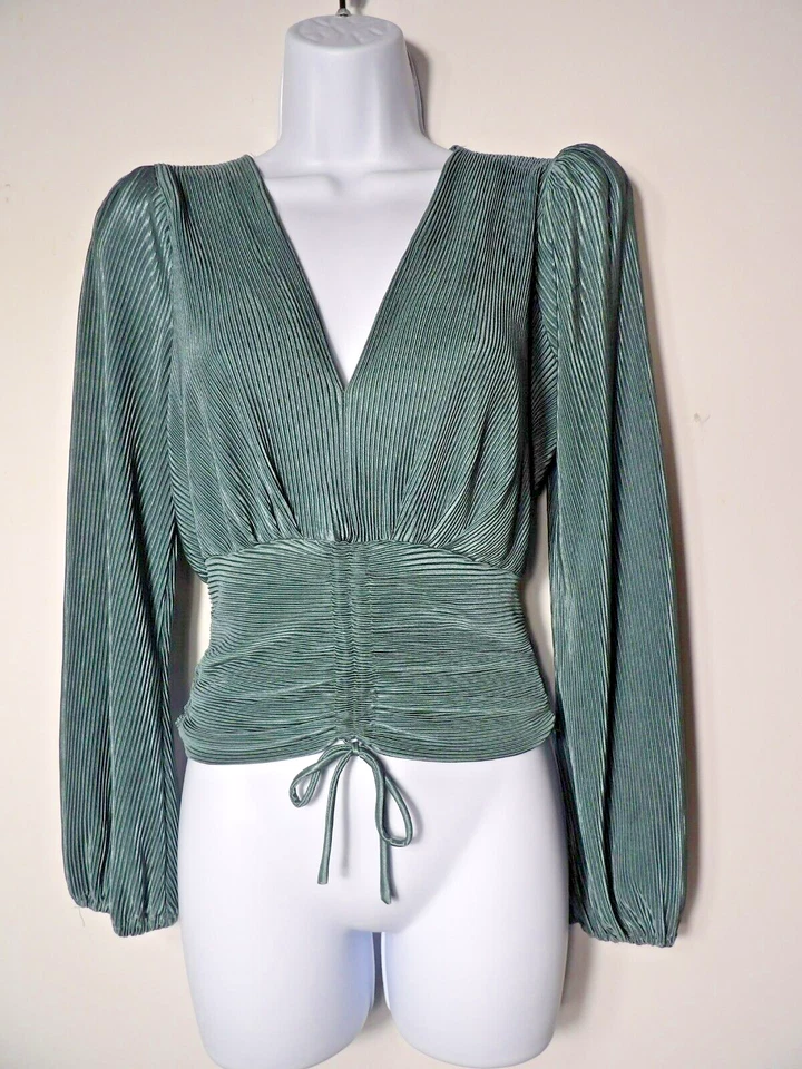 ASTR The Label Blouse Smocked Crop Career Accordian Pleated Green Slate V Neck - Image 2 of 4