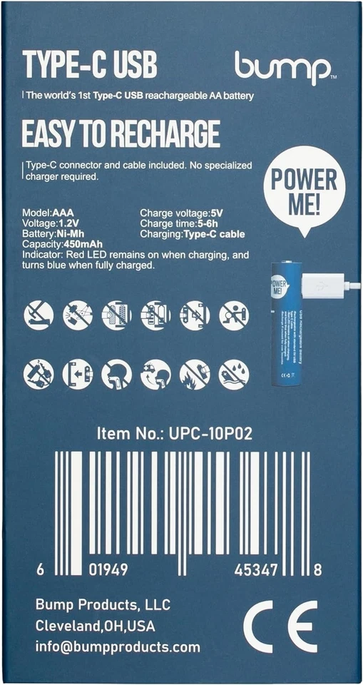 Paquete de 10 pilas recargables Bump AAA USB-C NiMH 1,2 V 450 mAh con cable tipo C Foto 3 de 4