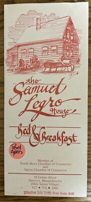 The Samuel Legro House B & B Danvers MA - 1980 s Travel Brochure