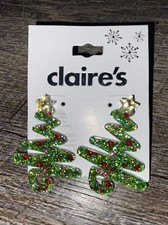 Claire  s Glitter Green Christmas Tree Yellow Star Earring Nwt