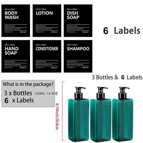 2/3 Piezas 500ml Dispensador de Jabón Champú Acondicionador Loción Botella con 6 Etiquetas - Imagen 32 de 32