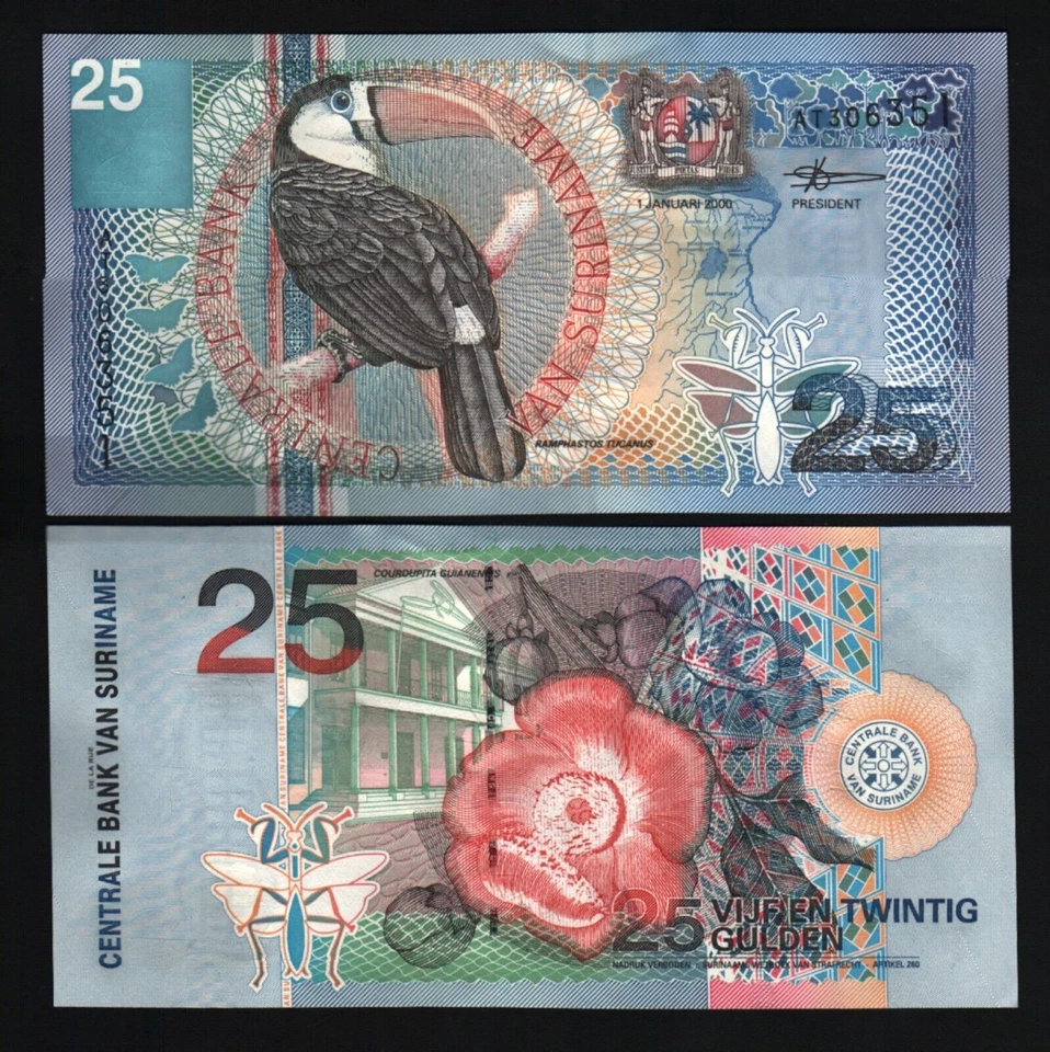 Suriname 25 GULDEN P-148 2000 x 10 Pcs Lot Bundle Millennium BIRD UNC Money NOTE - Image 3 of 4