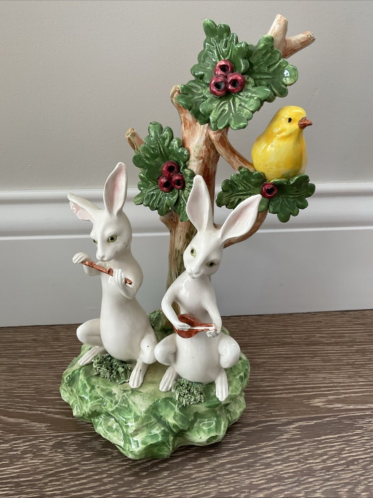 Vintage Italian Porcelain Musician Bunny with Yellow Bird - Made in Italy