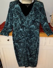 Karen Kane Blue Black Floral Knit Sheath Dress V-Neck 3/4 Sleeve M