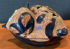 Antique 1920's Japanese Kutani INCENSE BURNER Glazed Porcelain Sleeping Cat Neko