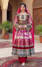 Afghan Kuchi Dress Balochi Mirror Work Embroidery Frock Pink Wedding Dress