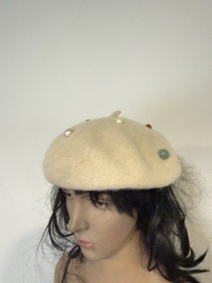 Vintage Baskenmütze Beige Perlen Damen Barett Elegant Wolllook Boho Chic Hut