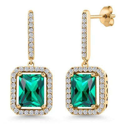 4.96 Ct Green Simulated Emerald 18K Yellow Gold Plated Silver Earrings