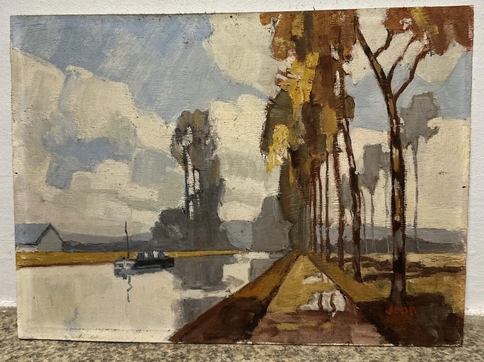 Peinture ancienne paysage rivière péniche peupliers huile sur panneau signée - Photo 1/4