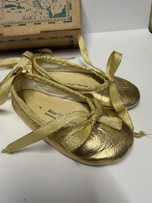 Bear Lerina Handmade Gold Ballet Flats Kids Size 7 Soft Sole Ribbon Tie Shoes