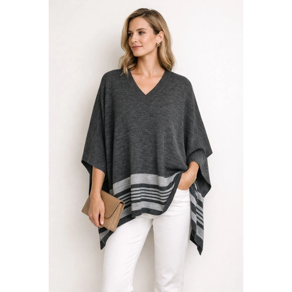 Orvis Gray Merino Wool Poncho OS Striped Hem Quiet Luxury Coastal Minimalist
Opens in a new window o