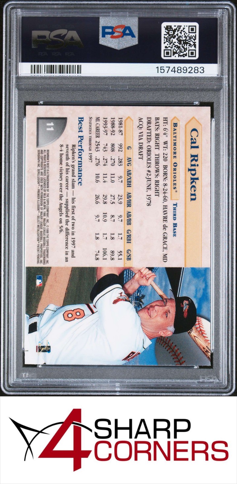 1998 BOWMAN'S BEST #11 CAL RIPKEN JR. ORIOLES HOF PSA 10 view 2