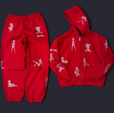 NEW Named Collective Red Rhinestone Hoodie Sweatpants Set