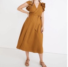 NWT Madewell Linen-blend Ruffle Sleeve Full Wrap Midi Dress Small Antique Gold