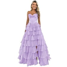 Strapless Prom Dresses Side Slit Chiffon Puffy Floor Length Tiered Evening Gowns