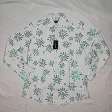 Barry Wang Long Sleeve Christmas Shirt Small White with Green Print 20% Silk