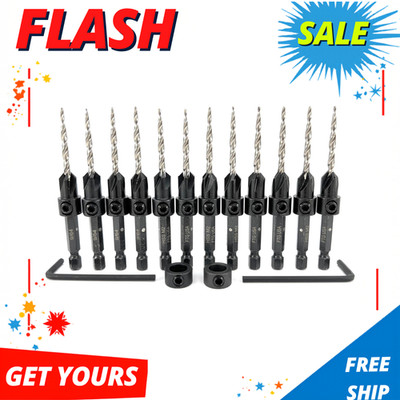 NEW 12 Pc #6 9/64 Countersink Drill Bit Set Depth Stop Collar Hex Wrench Wood