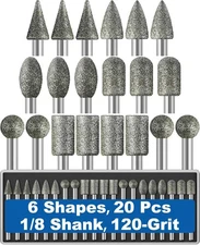 20Pcs 120-Grit Diamond Grinder Bit 1/8" Shank Compatible Small, Silver Grey 
