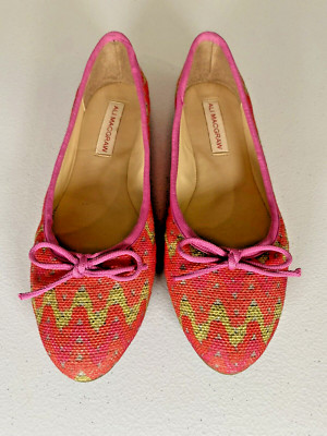 ALI MCGRAW Pink Green Recycled Plastic Ballet Flats Slip On Shoes Bow Size 6.5