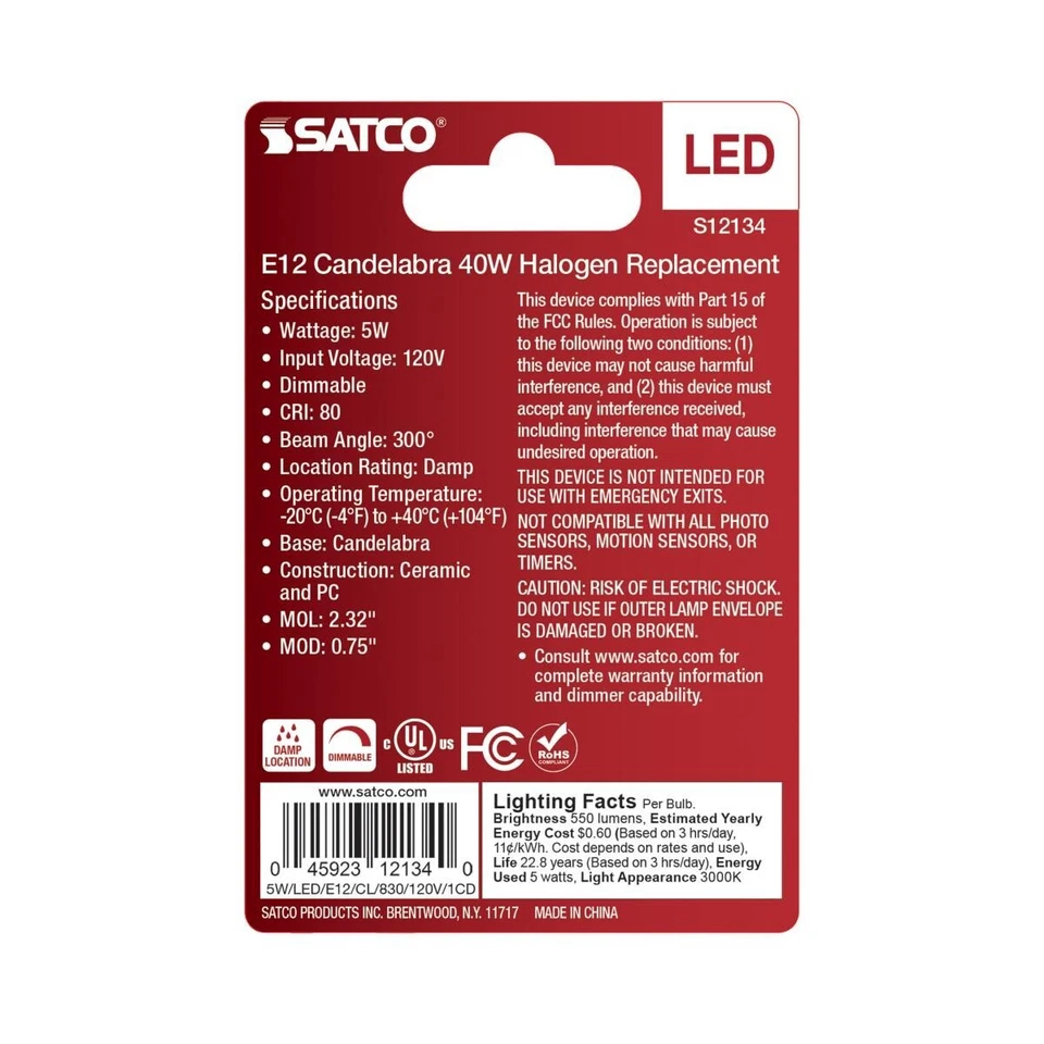 Satco S12134 - 5 Watt Mini LED - Mini Candelabra Base - 3000K (2, 6 or 12 Pack) - Image 3 of 4