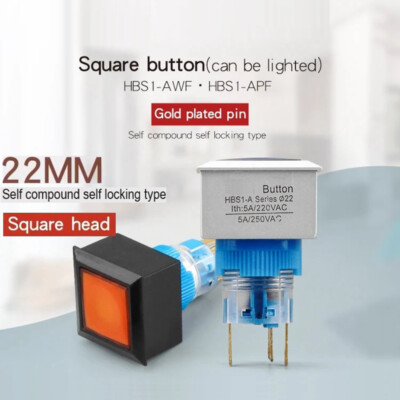 22mm SPDT 250V LED Illuminated Black Case Square Head Plastic Push Button Switch