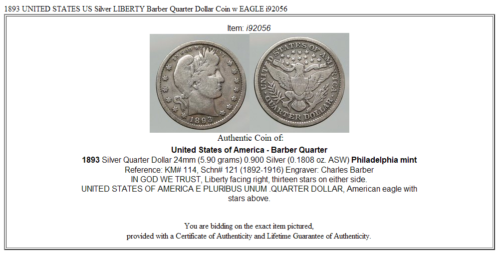 1893 UNITED STATES US Silver LIBERTY Barber Quarter Dollar Coin w
