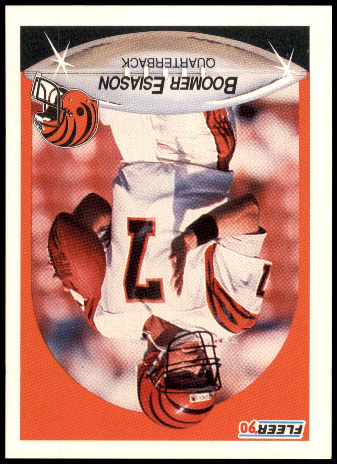 Boomer Esiason #214b 1990 Fleer Right edge of A in AFC logo aligned with blue