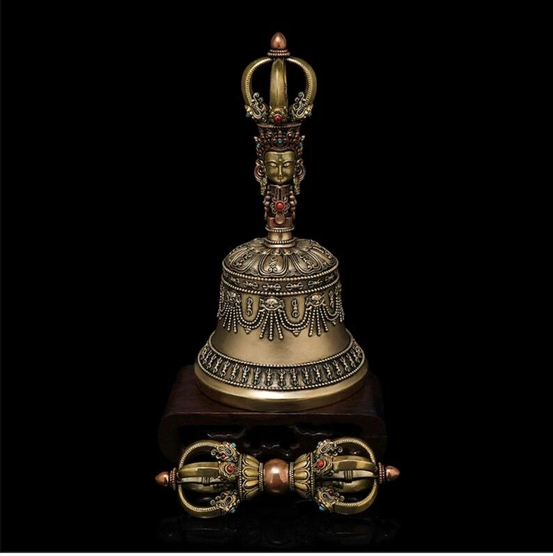 Juego de Vajra y Campanas Tibetanas, Herramientas Rituales Budismo Tántrico, Decoración de Sala de Meditación Foto 3 de 4