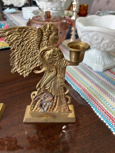 Vintage Hosley Brass Angel Two Sided Candle Holder Guardian Angel Holiday - Imagen 3 de 6