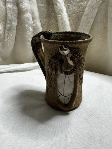 Vintage Studio Art Pottery 4” Ugly Face Coffee Mug 3D Grin Cup Stoneware Man