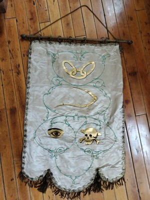 1890s IOOF Odd Fellows Banner  Antique Art Painted Folk Night Scythe SKULL Eye