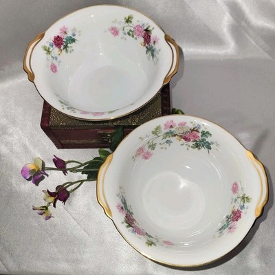 Noritake Gardena Pedestaled Gold Trimmed Floral Soup/Fruit/Dessert Bowls Handles