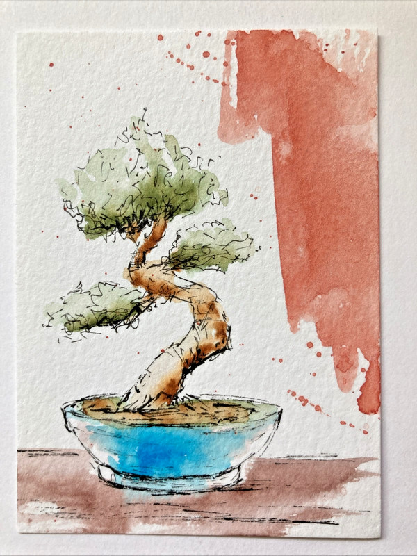 ACEO Original Watercolor Painting OOAK Still Life ATC Bonsai Tree