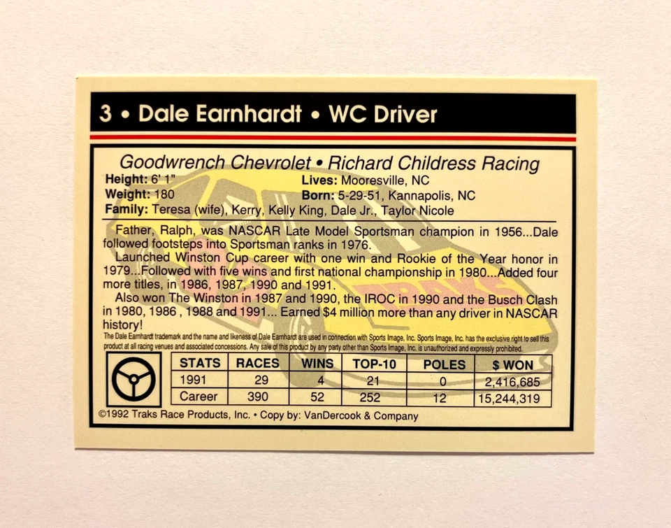 Dale Earnhardt NASCAR 1992 Traks #3 The Intimidator Autographed Signed - Image 4 of 4