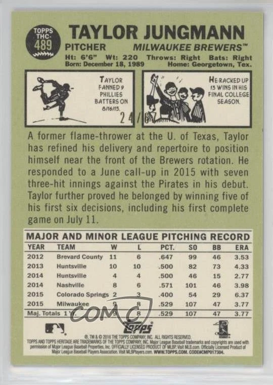2016 Topps Heritage Chrome Black Refractor /67 Taylor Jungmann #THC-489 - Image 2 of 2