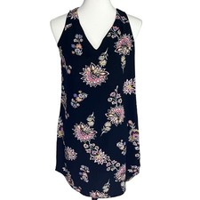 V-Neck Summer Shift Dress Womens Small Black Floral Sleeveless Keyhole Back